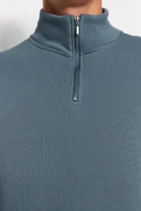 TRENDYOLMİLLA MEN BLUE Regular/Normal Cut High Neck Zippered Cotton Basic Sweatshirt with Fleece Inside - Image 5