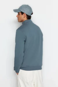 TRENDYOLMİLLA MEN BLUE Regular/Normal Cut High Neck Zippered Cotton Basic Sweatshirt with Fleece Inside - Image 6