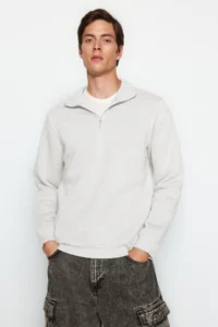TRENDYOLMİLLA MEN Ecru Regular/Normal Cut High Neck Zippered Inside Fleece/Warm Basic Sweatshirt