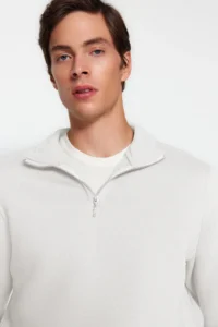 TRENDYOLMİLLA MEN Ecru Regular/Normal Cut High Neck Zippered Inside Fleece/Warm Basic Sweatshirt - Image 2