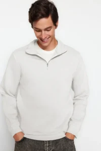 TRENDYOLMİLLA MEN Ecru Regular/Normal Cut High Neck Zippered Inside Fleece/Warm Basic Sweatshirt - Image 3