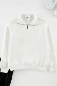 TRENDYOLMİLLA MEN Ecru Regular/Normal Cut High Neck Zippered Inside Fleece/Warm Basic Sweatshirt - Image 6