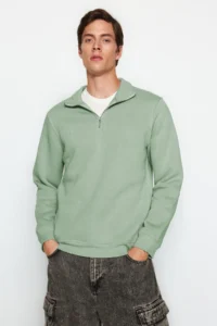 TRENDYOLMİLLA MEN MINT Regular/Normal Cut High Neck Zippered Cotton Basic Sweatshirt with Fleece Inside