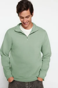 TRENDYOLMİLLA MEN MINT Regular/Normal Cut High Neck Zippered Cotton Basic Sweatshirt with Fleece Inside - Image 2
