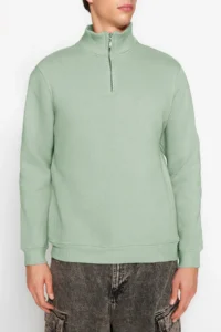TRENDYOLMİLLA MEN MINT Regular/Normal Cut High Neck Zippered Cotton Basic Sweatshirt with Fleece Inside - Image 4