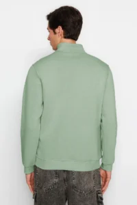 TRENDYOLMİLLA MEN MINT Regular/Normal Cut High Neck Zippered Cotton Basic Sweatshirt with Fleece Inside - Image 5
