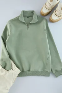 TRENDYOLMİLLA MEN MINT Regular/Normal Cut High Neck Zippered Cotton Basic Sweatshirt with Fleece Inside - Image 7