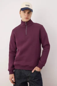 TRENDYOLMİLLA MEN Plum Regular/Normal Cut High Neck Zippered Warm Basic Sweatshirt - Image 2