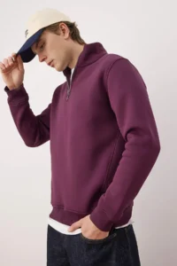 TRENDYOLMİLLA MEN Plum Regular/Normal Cut High Neck Zippered Warm Basic Sweatshirt - Image 3