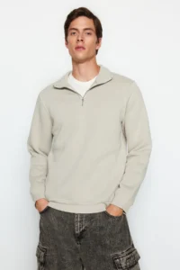TRENDYOLMİLLA MEN Stone Regular/Normal Cut High Neck Zippered Cotton Basic Sweatshirt with Fleece Inside