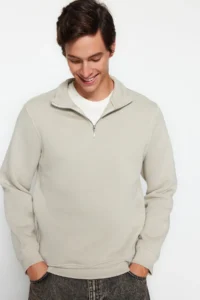 TRENDYOLMİLLA MEN Stone Regular/Normal Cut High Neck Zippered Cotton Basic Sweatshirt with Fleece Inside - Image 2