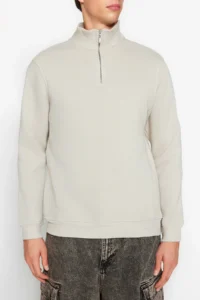 TRENDYOLMİLLA MEN Stone Regular/Normal Cut High Neck Zippered Cotton Basic Sweatshirt with Fleece Inside - Image 4