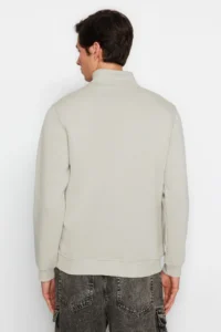 TRENDYOLMİLLA MEN Stone Regular/Normal Cut High Neck Zippered Cotton Basic Sweatshirt with Fleece Inside - Image 6