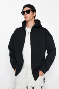 TRENDYOLMİLLA MEN Black Oversized/Wide Cut Zippered Fleece Hooded Sweatshirt-Cardigan