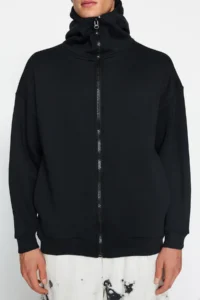 TRENDYOLMİLLA MEN Black Oversized/Wide Cut Zippered Fleece Hooded Sweatshirt-Cardigan - Image 4
