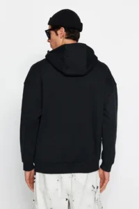 TRENDYOLMİLLA MEN Black Oversized/Wide Cut Zippered Fleece Hooded Sweatshirt-Cardigan - Image 6
