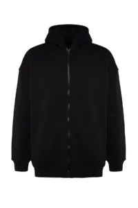 TRENDYOLMİLLA MEN Black Oversized/Wide Cut Zippered Fleece Hooded Sweatshirt-Cardigan - Image 8