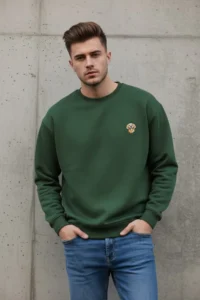 TRENDYOLMİLLA MEN Khaki Crew Neck Oversized/Wide Cut Dog Embroidery Sweatshirt with Fleece Inside - Image 5