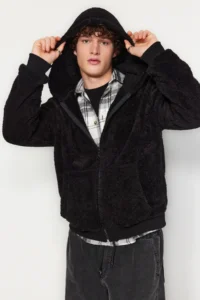 TRENDYOLMİLLA MEN Black Regular/Normal Cut Full Zipper with pocket Fleece Sweatshirt-Cardigan - Image 2
