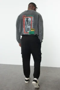TRENDYOLMİLLA MEN Plus Size Black Oversized/Wide Cut Cargo with pocket Thick Tyre Hem Sweatpants - Image 5