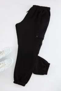 TRENDYOLMİLLA MEN Plus Size Black Oversized/Wide Cut Cargo with pocket Thick Tyre Hem Sweatpants - Image 6