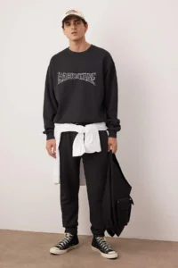 TRENDYOLMİLLA MEN Anthracite Oversized/Wide Cut Text Printed Tracksuit