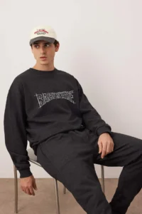 TRENDYOLMİLLA MEN Anthracite Oversized/Wide Cut Text Printed Tracksuit - Image 2