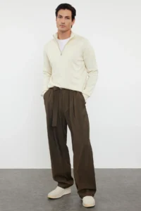 TRENDYOLMİLLA MEN Ecru Regular Cotton Half Turtleneck Plain Knitwear Sweater - Image 2