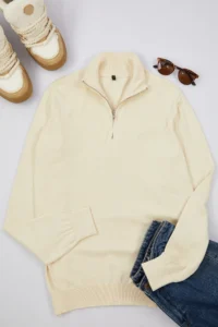 TRENDYOLMİLLA MEN Ecru Regular Cotton Half Turtleneck Plain Knitwear Sweater - Image 6