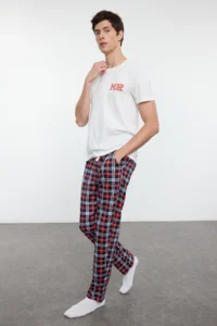 TRENDYOLMİLLA MEN Men Ecru Regular Fit Printed Knitting Couple 100% Cotton Pajama Set - Image 2