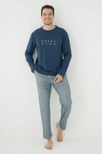 TRENDYOLMİLLA MEN NAVY BLUE Regular/Normal Cut Creative Font Printed Knitting Pajama Set - Image 2