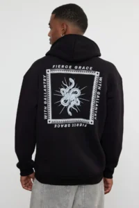 TRENDYOLMİLLA MEN Black Oversized/Wide Cut Hooded Mystic Printed Fleece Inside/Warm Sweatshirt