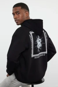TRENDYOLMİLLA MEN Black Oversized/Wide Cut Hooded Mystic Printed Fleece Inside/Warm Sweatshirt - Image 2
