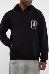 TRENDYOLMİLLA MEN Black Oversized/Wide Cut Hooded Mystic Printed Fleece Inside/Warm Sweatshirt - Image 5
