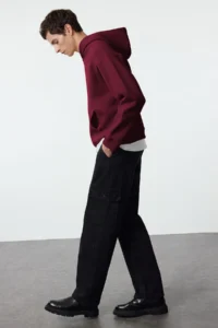 TRENDYOLMİLLA MEN Burgundy Oversized/Wide Cut Back Embroidery Detailed Hooded Sweatshirt - Image 6