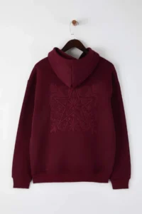 TRENDYOLMİLLA MEN Burgundy Oversized/Wide Cut Back Embroidery Detailed Hooded Sweatshirt - Image 8