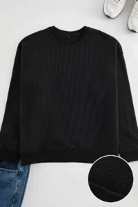 TRENDYOLMİLLA MEN Black Waffle Oversized/Wide Cut Crew Neck textured Basic Sweatshirt - Image 2