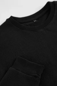 TRENDYOLMİLLA MEN Black Waffle Oversized/Wide Cut Crew Neck textured Basic Sweatshirt - Image 3