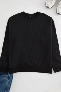 TRENDYOLMİLLA MEN Black Waffle Oversized/Wide Cut Crew Neck textured Basic Sweatshirt - Image 4