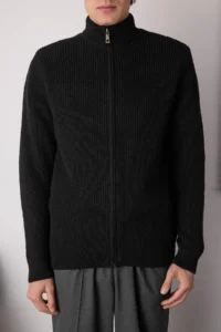 TRENDYOLMİLLA MEN Black Regular High Neck Plain Zippered Cardigan - Image 3