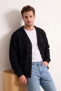 TRENDYOLMİLLA MEN Black Oversized/Wide Cut V-neck buttoned textured Thick Cardigan - Image 2
