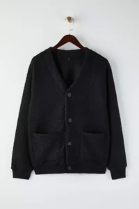 TRENDYOLMİLLA MEN Black Oversized/Wide Cut V-neck buttoned textured Thick Cardigan - Image 4