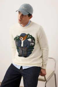 TRENDYOLMİLLA MEN Ecru Regular Crew Neck animals Teddy Bear Sweater - Image 2