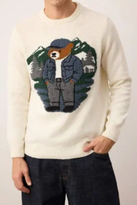 TRENDYOLMİLLA MEN Ecru Regular Crew Neck animals Teddy Bear Sweater - Image 3