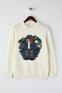 TRENDYOLMİLLA MEN Ecru Regular Crew Neck animals Teddy Bear Sweater - Image 5