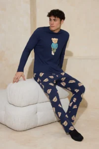 TRENDYOLMİLLA MEN NAVY BLUE Regular 100% Cotton Teddy Bear Patterned Knitting Pajama Set