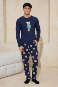 TRENDYOLMİLLA MEN NAVY BLUE Regular 100% Cotton Teddy Bear Patterned Knitting Pajama Set - Image 2