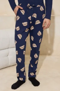 TRENDYOLMİLLA MEN NAVY BLUE Regular 100% Cotton Teddy Bear Patterned Knitting Pajama Set - Image 3
