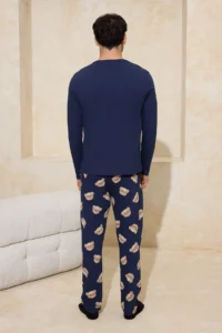 TRENDYOLMİLLA MEN NAVY BLUE Regular 100% Cotton Teddy Bear Patterned Knitting Pajama Set - Image 4