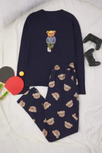 TRENDYOLMİLLA MEN NAVY BLUE Regular 100% Cotton Teddy Bear Patterned Knitting Pajama Set - Image 5